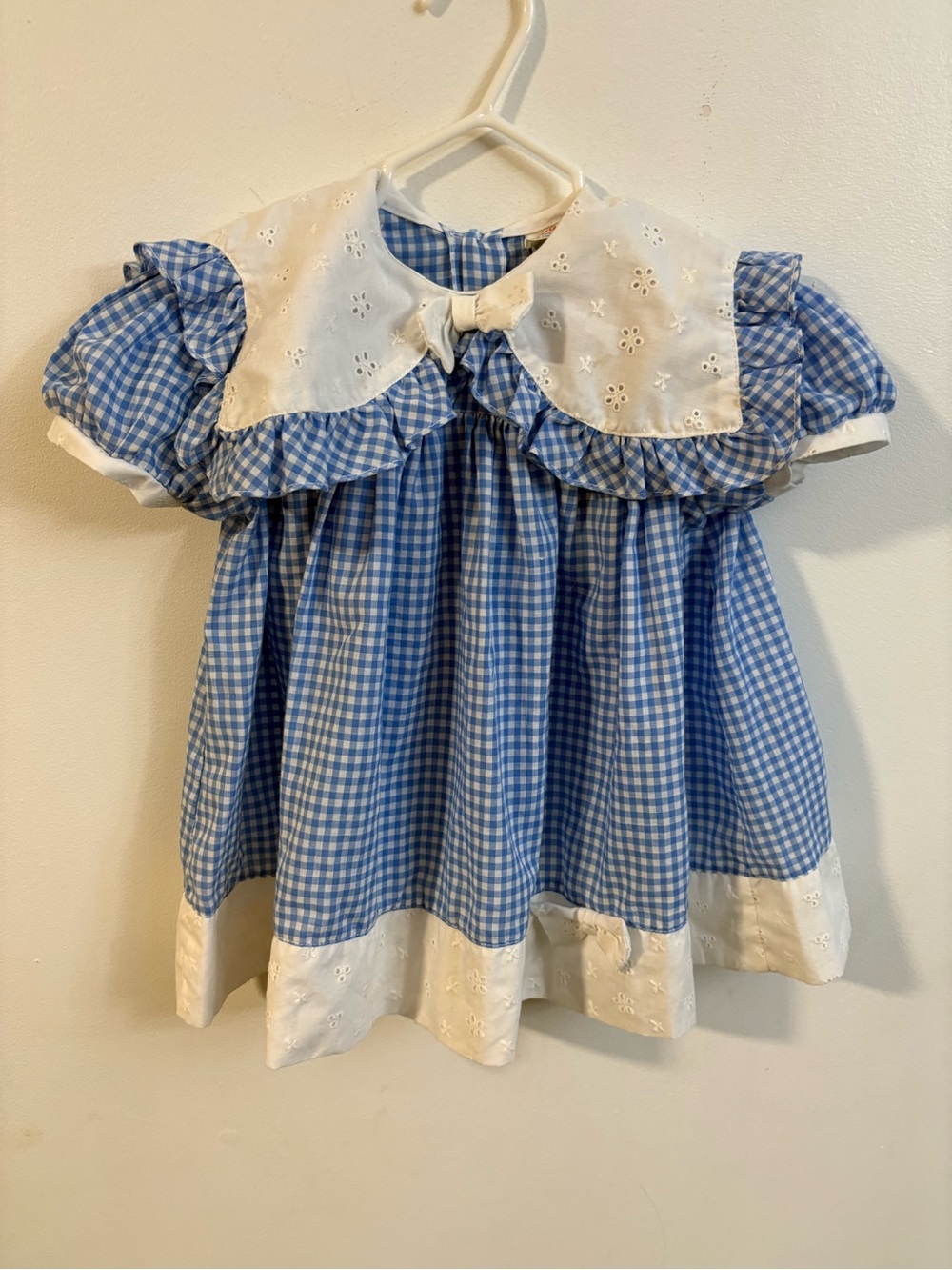 Vintage Blue Gingham Baby Dress with White Eyelet Collar 2 years